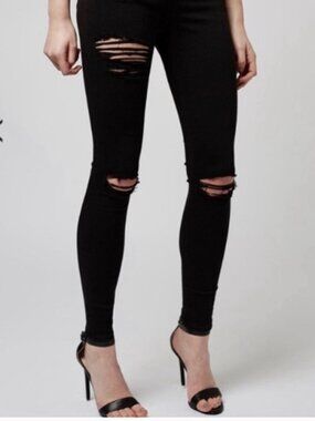 Topshop Moto Jeans Womens Size 26 x30L  Jamie Distressed  Black Stretch y2K